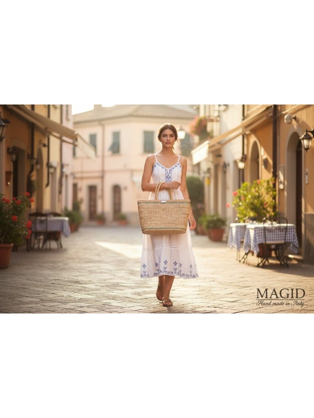 Magid Handmade Italian Woven Tote Green stripe & Gold Clasp Riviera Old Money - Picture 13 of 14